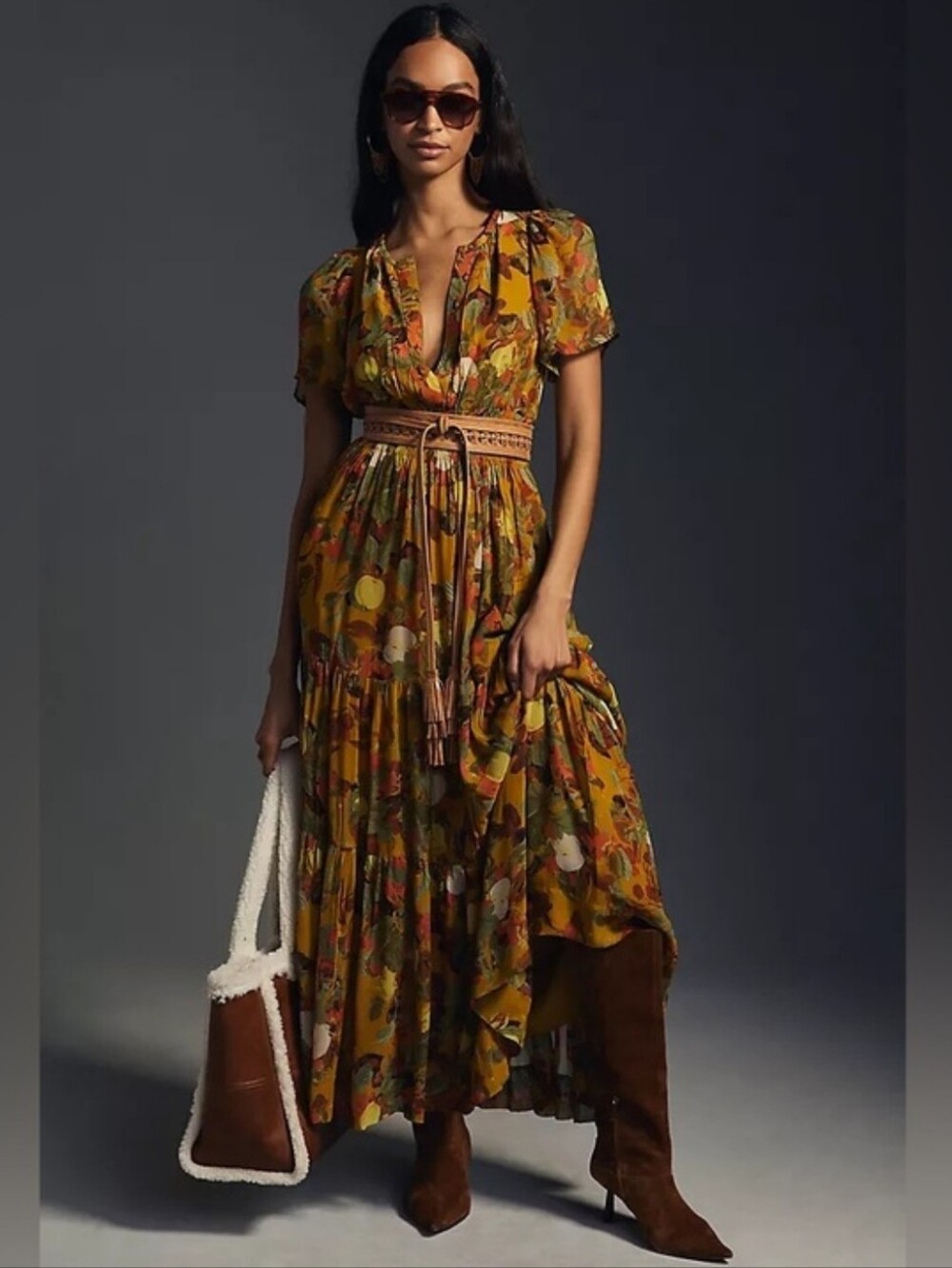 Anthropologie Somerset Chiffon Fall Print Yellow Maxi Dress